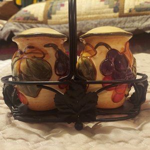 International Tuscany Pamela Gladding Salt and Pepper Shakers with metal Stand